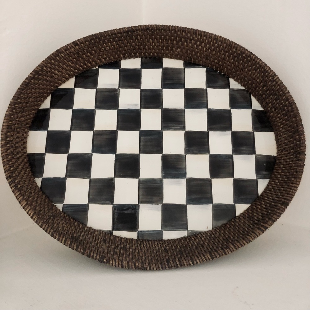 Mackenzie Childs Courtly Check Enamel Rattan Large Serving Tray 12" x 15"